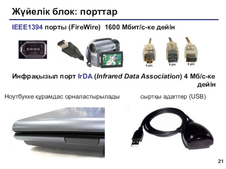 Жүйелік блок: порттарIEEE1394 порты (FireWire) 1600 Мбит/c-ке дейінИнфрақызыл порт IrDA (Infrared Data
