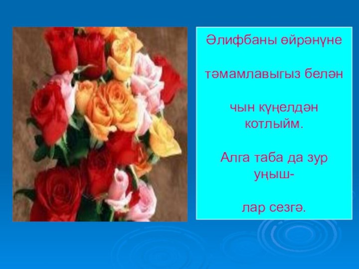 Әлифбаны өйрәнүне тәмамлавыгыз беләнчын күңелдән котлыйм.Алга таба да зур уңыш-лар сезгә.