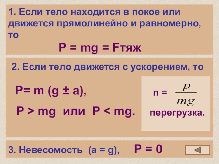 1. Если тело находится в покое или движется прямолинейно и равномерно, тоP