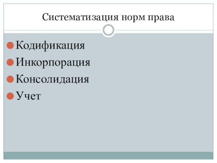 Систематизация норм праваКодификацияИнкорпорацияКонсолидацияУчет