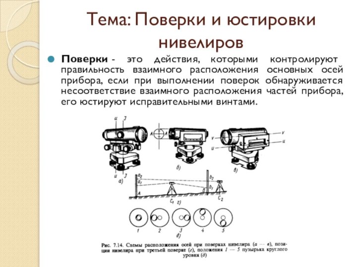 Тема: Поверки и юстировки нивелировПоверки - это действия, которыми контролируют правильность взаимного расположения