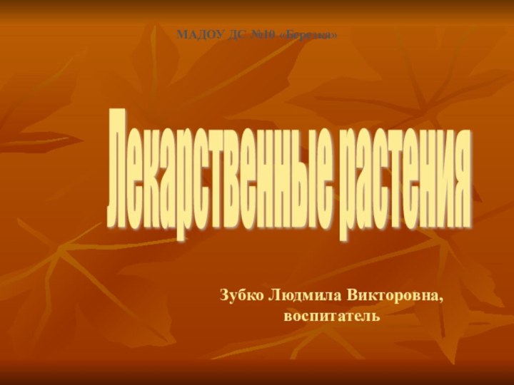 Лекарственные растения Зубко Людмила Викторовна,воспитательМАДОУ ДС №10 «Березка»