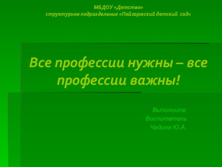 МБДОУ «Детство» структурное подразделение «Пайгармский детский сад»   Все профессии нужны