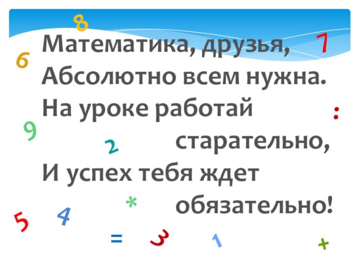 Математика, друзья, Абсолютно всем нужна.На уроке работай