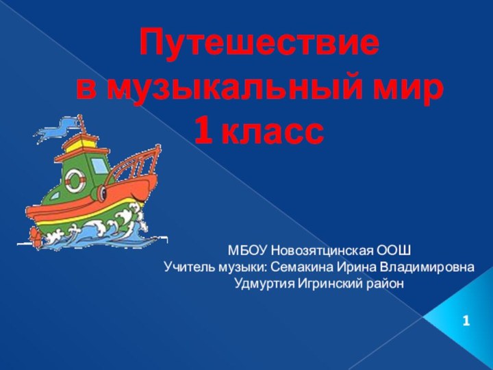 Путешествие  в музыкальный мир 1 классМБОУ Новозятцинская ООШУчитель музыки: Семакина Ирина ВладимировнаУдмуртия Игринский район