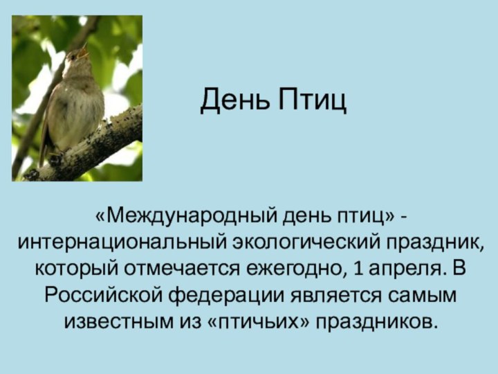 День Птиц«Международный день птиц» - интернациональный экологический праздник, который отмечается ежегодно, 1