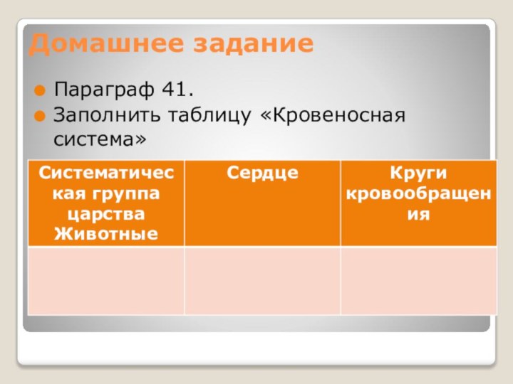 Домашнее заданиеПараграф 41.Заполнить таблицу «Кровеносная система»