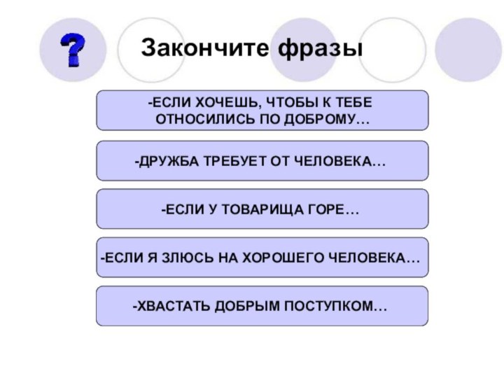 Закончите фразыЕСЛИ ХОЧЕШЬ, ЧТОБЫ К ТЕБЕ ОТНОСИЛИСЬ ПО ДОБРОМУ…ДРУЖБА ТРЕБУЕТ ОТ ЧЕЛОВЕКА…ЕСЛИ