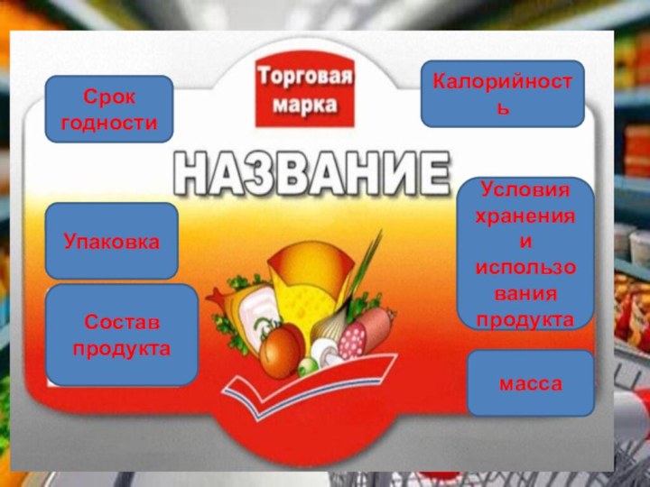 Срок годностиУсловия хранения и использования продуктаСостав продуктаУпаковкамассаКалорийность