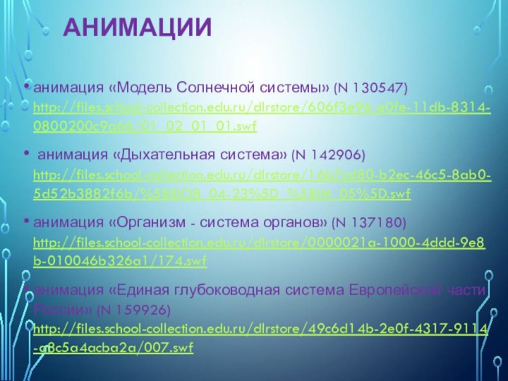 анимация «Модель Солнечной системы» (N 130547)  http://files.school-collection.edu.ru/dlrstore/606f3e96-e0fe-11db-8314-0800200c9a66/01_02_01_01.swf анимация «Дыхательная система» (N