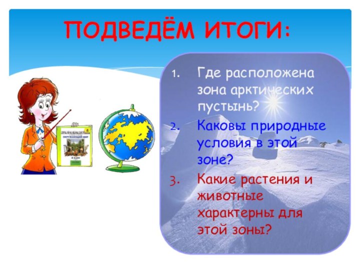 Подведём итоги:Где расположена зона арктических пустынь?Каковы природные условия в этой зоне?Какие растения