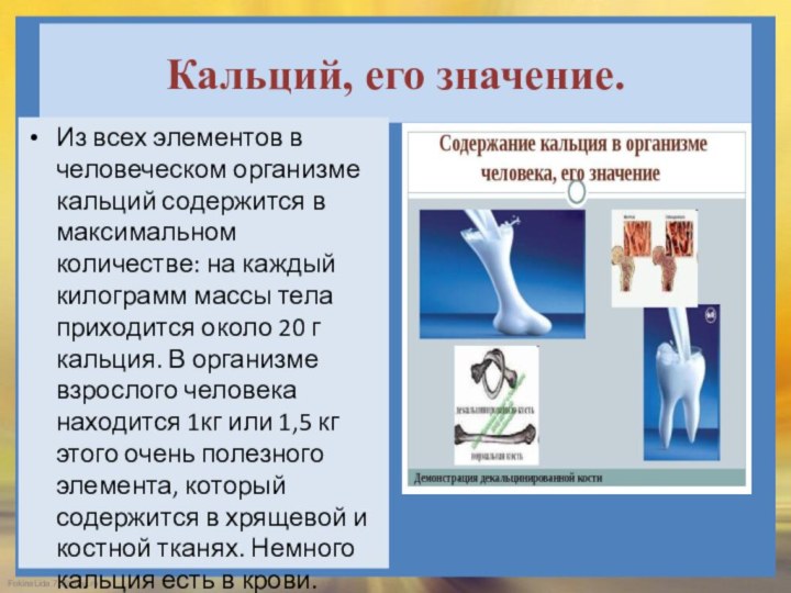 Кальций, его значение.Из всех элементов в человеческом организме кальций содержится в максимальном