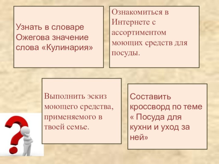 Узнать в словаре Ожегова значение слова «Кулинария»Составить кроссворд по теме « Посуда