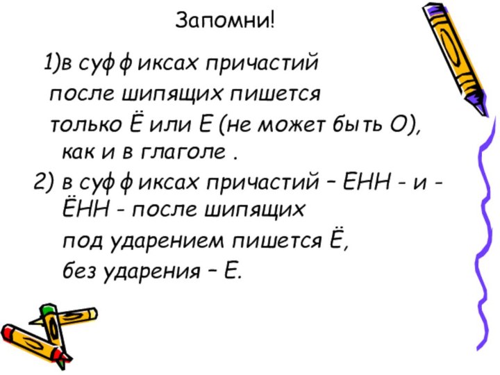 Запомни!1)в суффиксах причастий после шипящих пишется только Ё или Е (не может