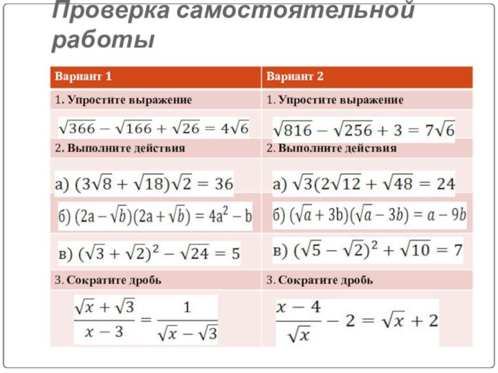 Проверка самостоятельной работы