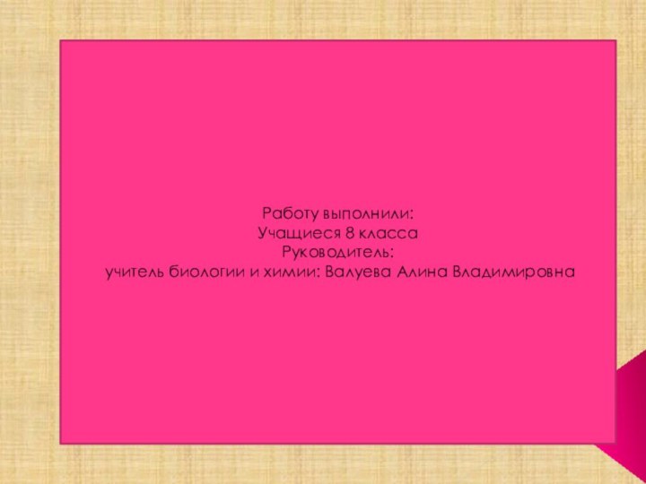 Работу выполнили: Учащиеся 8 класса Руководитель: учитель биологии и химии: Валуева Алина Владимировна