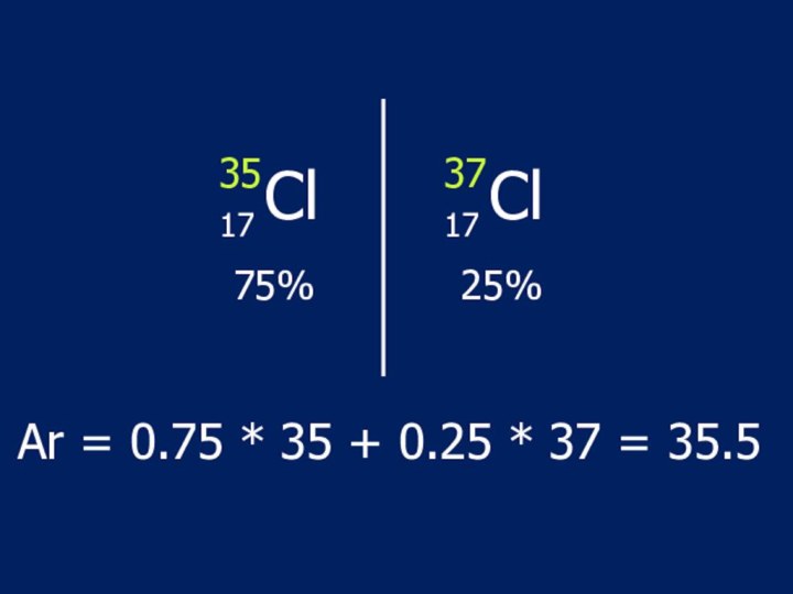 17 Сl3517 Сl3775% 25%Ar = 0.75 * 35 + 0.25 * 37 = 35.5