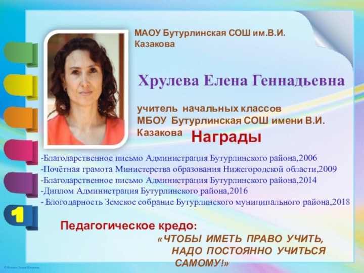 Хрулева Елена Геннадьевнаучитель начальных классовМБОУ Бутурлинская СОШ имени В.И.КазаковаНаграды -Благодарственное письмо Администрация