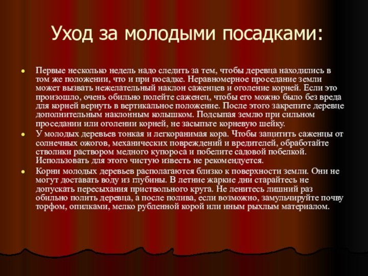 Уход за молодыми посадками: Первые несколько недель надо следить за тем,