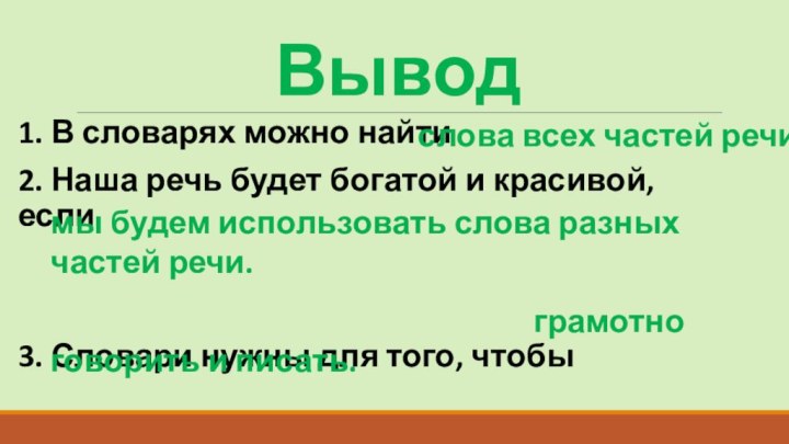 Вывод1. В словарях можно найти2. Наша речь будет богатой и красивой, если