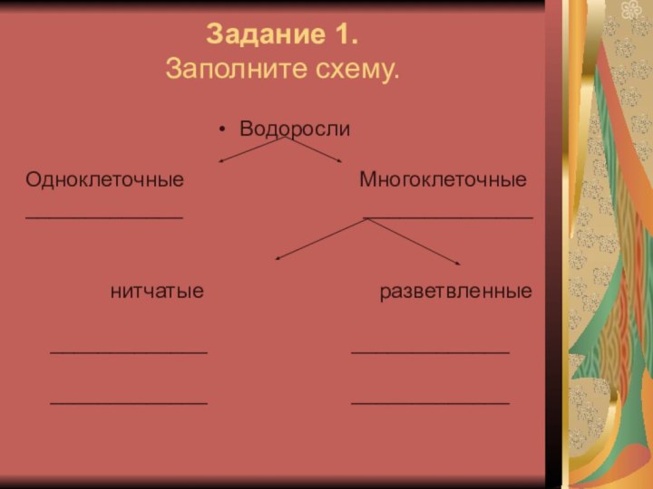 Задание 1.  Заполните схему.   Водоросли