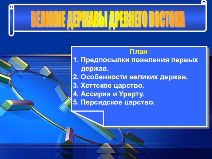 ВЕЛИКИЕ ДЕРЖАВЫ ДРЕВНЕГО ВОСТОКА План1. Предпосылки появления первых держав.2. Особенности великих держав.3.