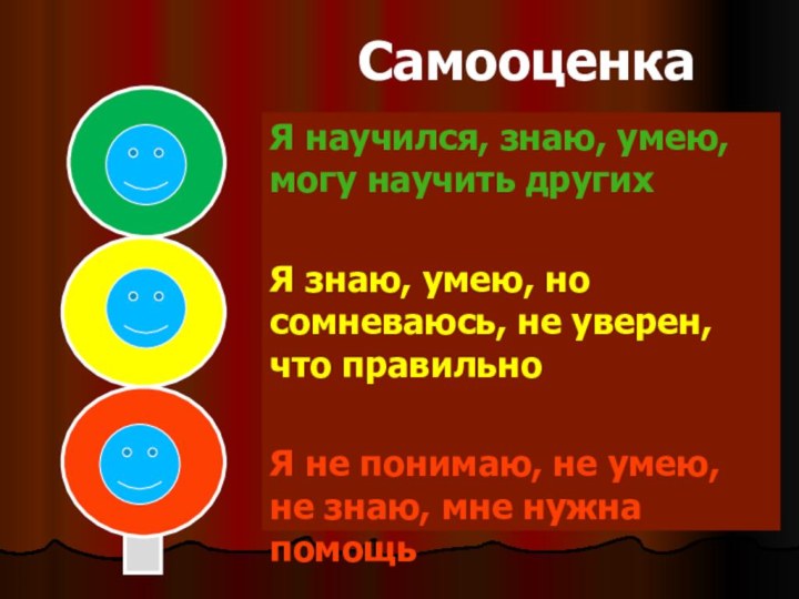 СамооценкаЯ научился, знаю, умею, могу научить другихЯ знаю, умею, но сомневаюсь, не