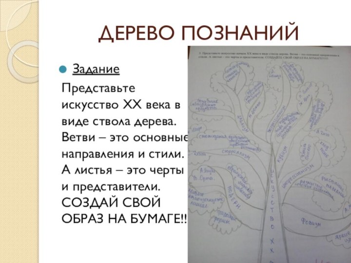 ДЕРЕВО ПОЗНАНИЙЗаданиеПредставьте искусство XX века в виде ствола дерева. Ветви – это