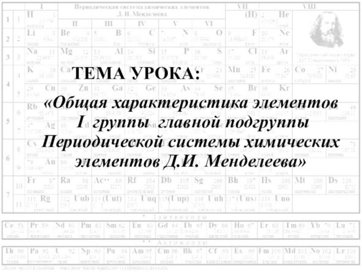 «Общая характеристика элементов  I группы главной подгруппы Периодической системы химических элементов Д.И. Менделеева»ТЕМА УРОКА: