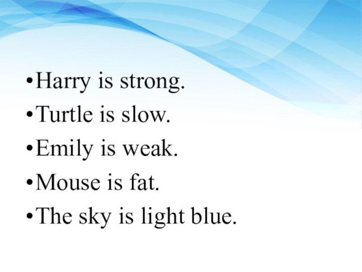 Harry is strong.Turtle is slow.Emily is weak.Mouse is fat.The sky is light blue.