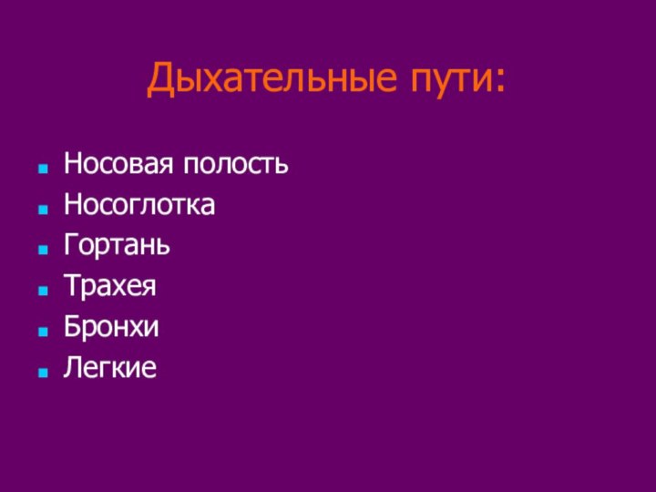 Дыхательные пути:Носовая полостьНосоглоткаГортаньТрахеяБронхиЛегкие