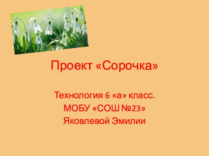 Проект «Сорочка»Технология 6 «а» класс. МОБУ «СОШ №23»Яковлевой Эмилии