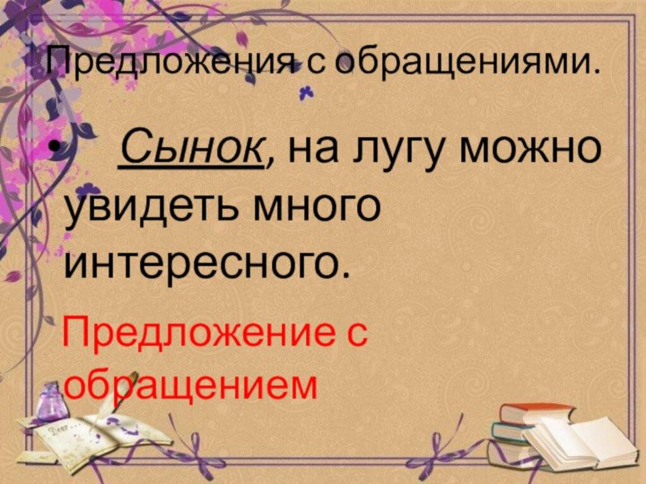 Предложения с обращениями.   Сынок, на лугу можно увидеть много интересного. Предложение с обращением