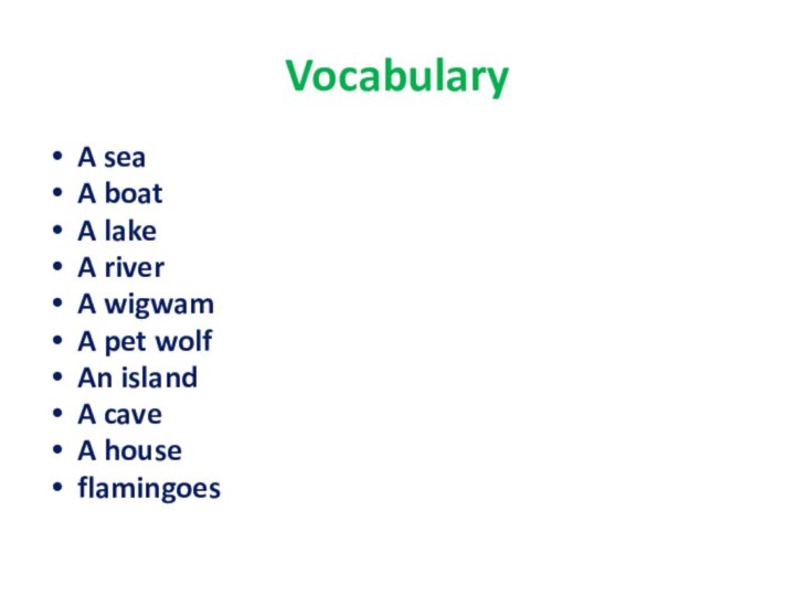 VocabularyA seaA boatA lakeA riverA wigwamA pet wolfAn islandA caveA houseflamingoes