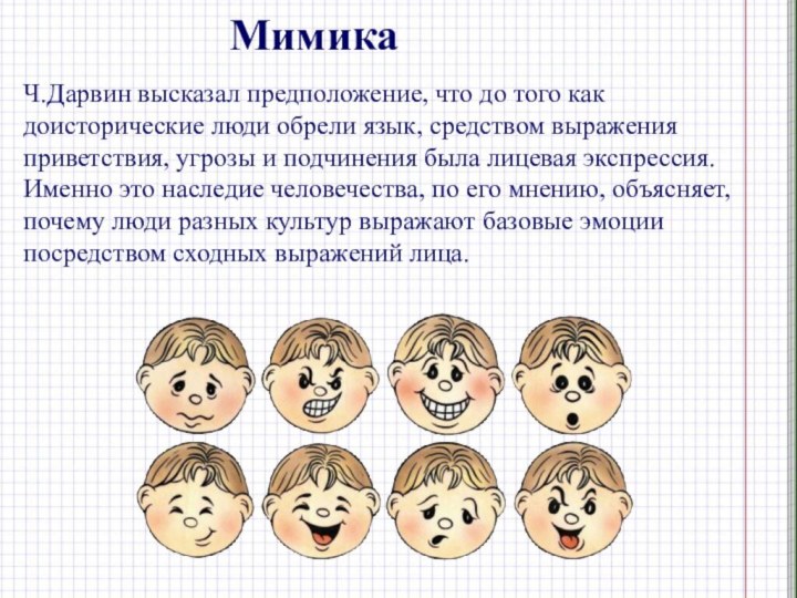 МимикаЧ.Дарвин высказал предположение, что до того как доисторические люди обрели язык, средством