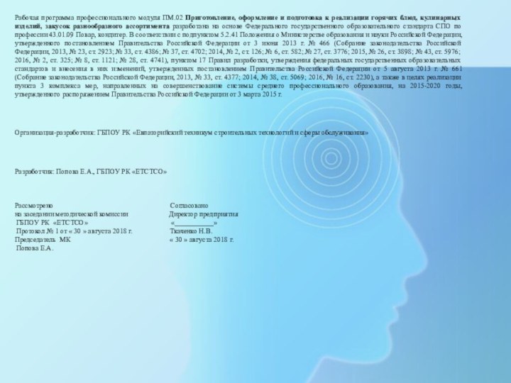 Рабочая программа профессионального модуля ПМ.02 Приготовление, оформление и подготовка к реализации горячих