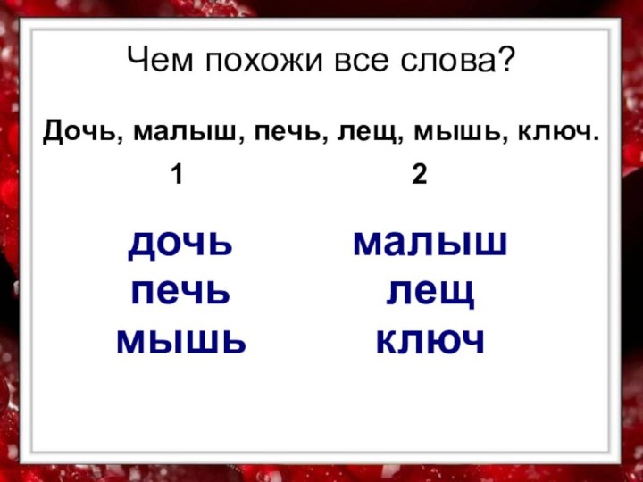 Чем похожи все слова?Дочь, малыш, печь, лещ, мышь, ключ.