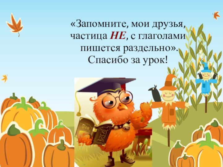 «Запомните, мои друзья,  частица НЕ, с глаголами  пишется раздельно». Спасибо за урок!