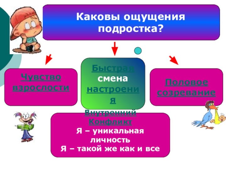 Каковы ощущения подростка?Внутренний КонфликтЯ – уникальная личностьЯ – такой же как и все