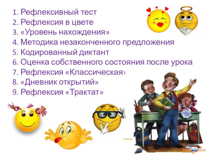 1. Рефлексивный тест 2. Рефлексия в цвете 3. «Уровень нахождения» 4. Методика