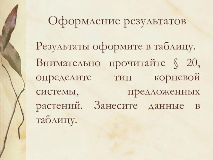 Оформление результатовРезультаты оформите в таблицу.Внимательно прочитайте § 20, определите тип корневой системы,