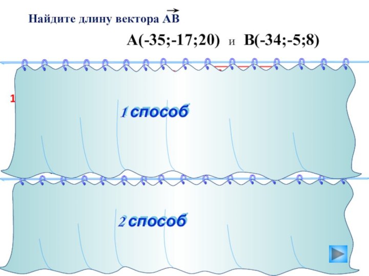 Найдите длину вектора АВ 1 способ2 способ12+122+(-12)2 =1)2)= 17A(-35;-17;20) и B(-34;-5;8)A(-35;-17;20)B(-34; -5; 8)