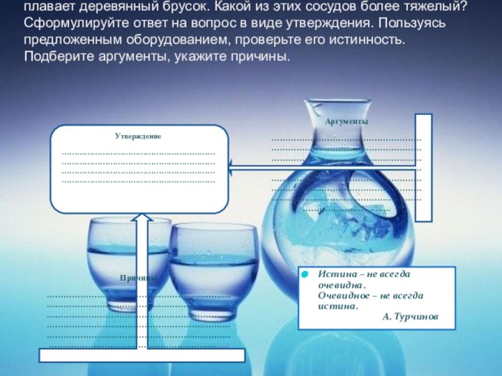 Два одинаковых сосуда, доверху заполненных водой. В одном из них плавает деревянный