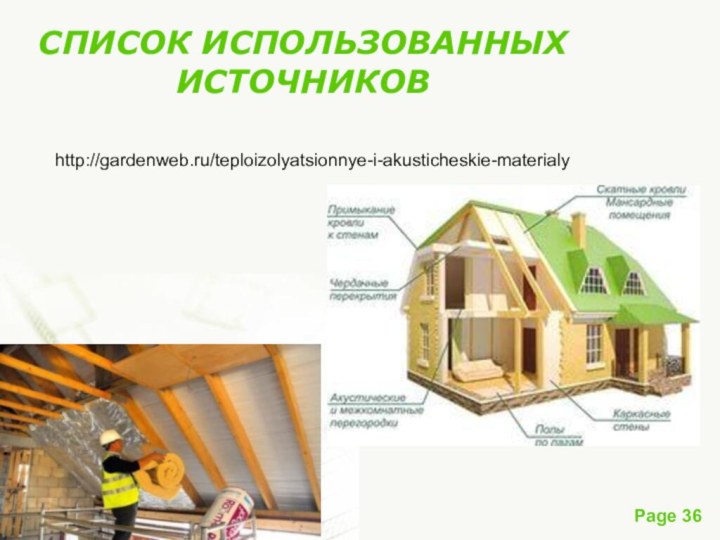 СПИСОК ИСПОЛЬЗОВАННЫХ ИСТОЧНИКОВhttp://gardenweb.ru/teploizolyatsionnye-i-akusticheskie-materialy
