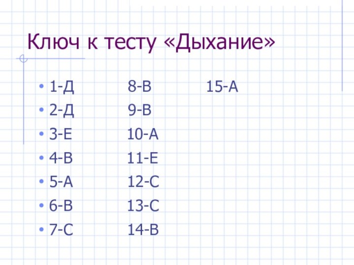 Ключ к тесту «Дыхание»1-Д      8-В