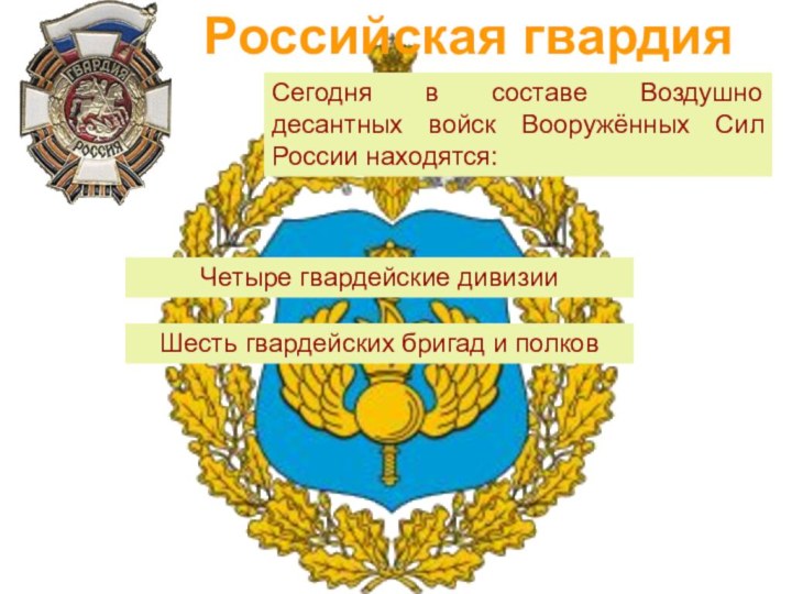 Четыре гвардейские дивизииСегодня в составе Воздушно десантных войск Вооружённых Сил России находятся:Российская