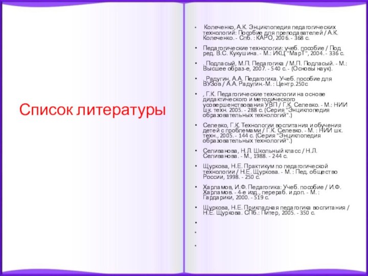 Список литературы  Колеченко, А.К. Энциклопедия педагогических технологий: Пособие для преподавателей / А.К.