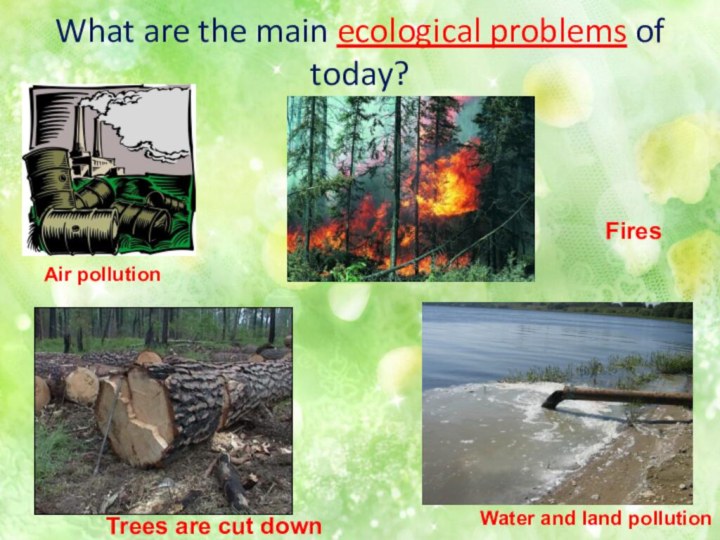 What are the main ecological problems of today?Air pollutionWater and land pollutionFiresTrees are cut down