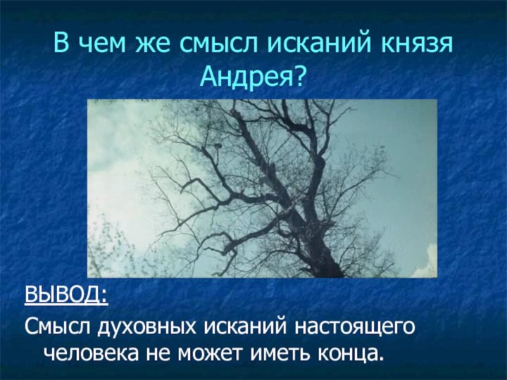 В чем же смысл исканий князя Андрея?ВЫВОД:Смысл духовных исканий настоящего человека не может иметь конца.