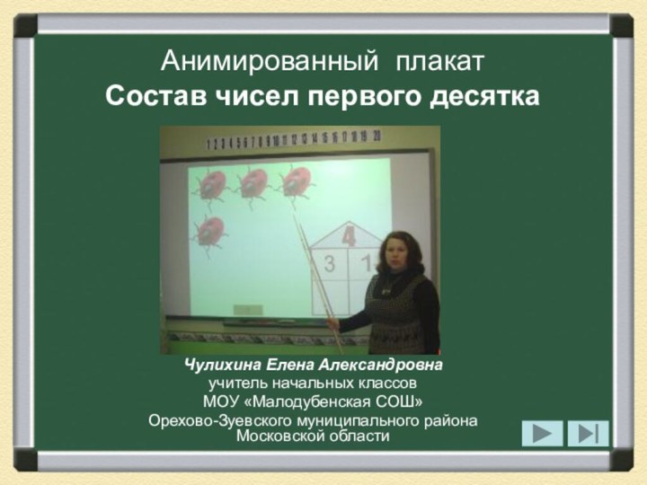 Чулихина Елена Александровнаучитель начальных классовМОУ «Малодубенская СОШ»Орехово-Зуевского муниципального района Московской областиАнимированный плакат